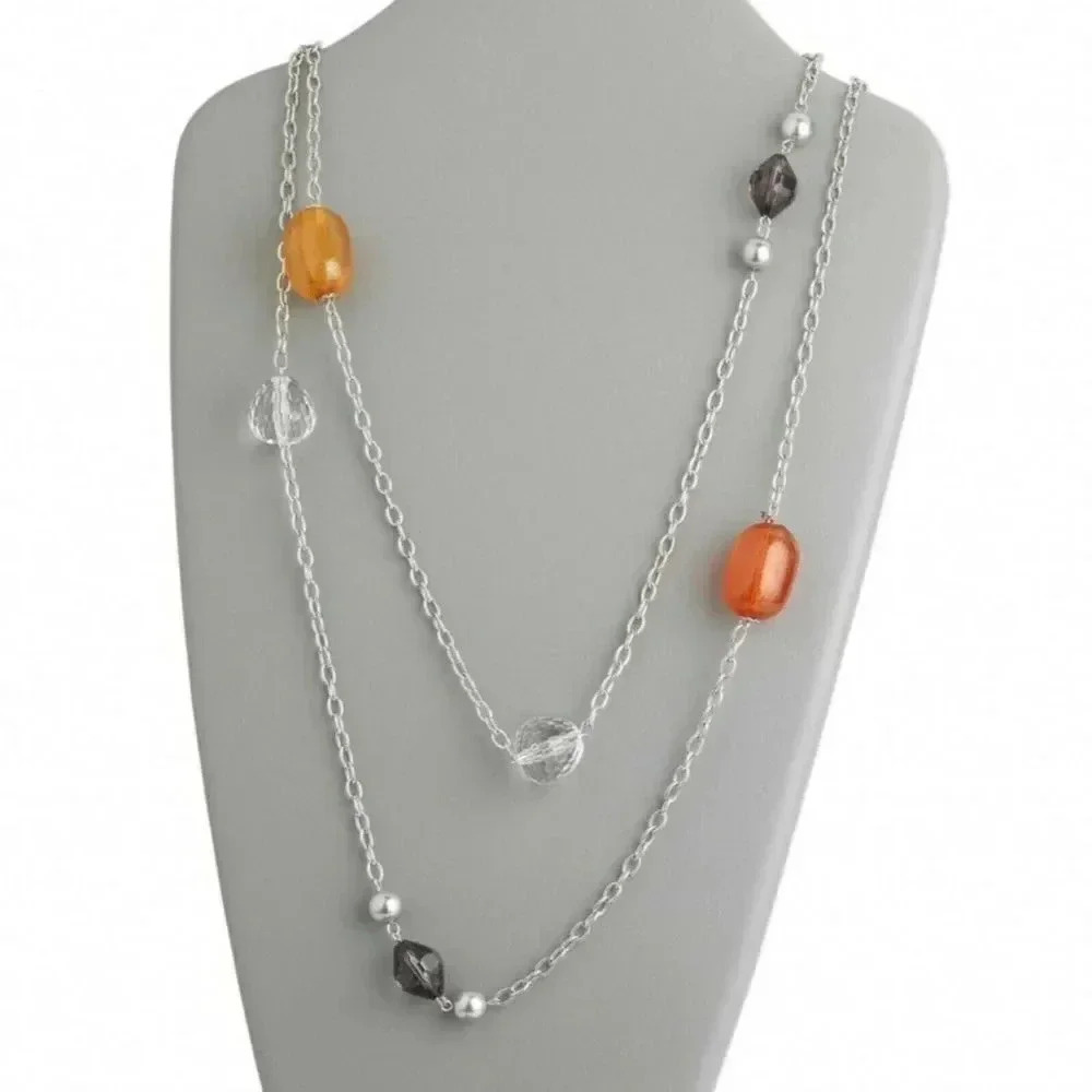 Mid Century Vibe Grey Orange Red Silver Baubles and Chain 60" Long Necklace